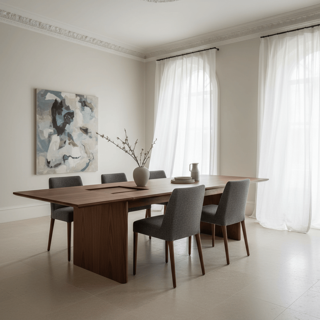 A refined dining space showcasing a bespoke extendable dining table in rich walnut with a slim chamfered edge and seamlessly integrated extension leaf, paired with custom upholstered dining chairs in muted charcoal wool. The setting is a London period apartment with high ceilings, original cornicing, and large windows framed by soft white linen curtains. Morning daylight filters in, reflecting off a matte-finished, pale limestone floor and highlighting the subtle sheen of the wood grain. Photographic realism with a three-quarter view composition, the table placed on the rule of thirds, capturing depth down the length of the room. The mood is modern yet timeless, emphasizing craftsmanship, attention to proportion, and the sense of a space designed for intimate gatherings.